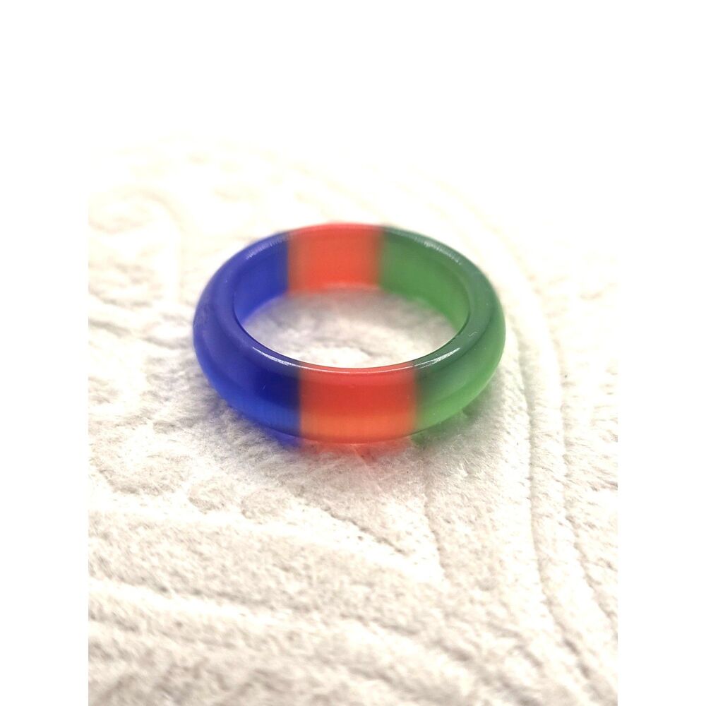 Glass Moonstone Band Ring Size 6 Red Blue Green 3 Color Block 5 mm Wide